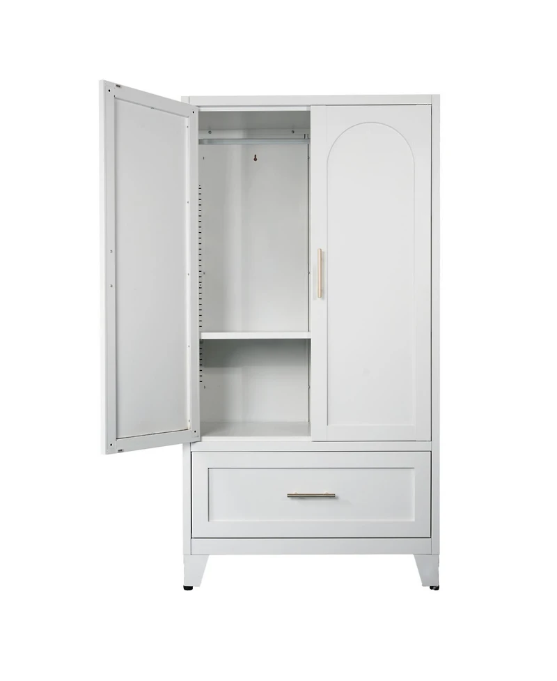 Streamdale Furniture 60" Metal Wardrobe Cabinet with Drawer, Hanging Rod & Shelf (White)