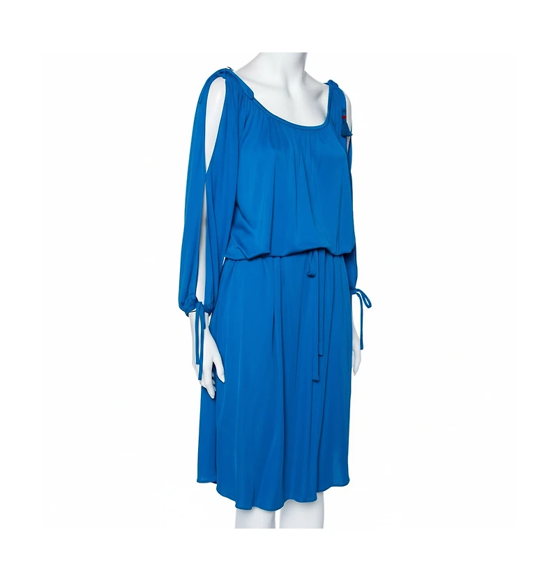 Pre-Owned Roberto Cavalli Women's Blue Jersey Cold Shoulder Tassel Tie Detailed Belted Dress