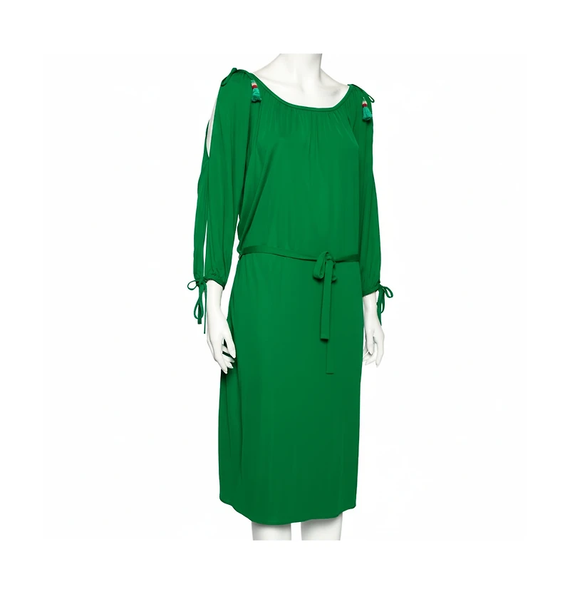 Pre-Owned Roberto Cavalli Women's Green Jersey Cold Shoulder Tassel Tie Detailed Belted Dress