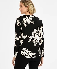 Jm Collection Petite Cameron Floral Split-Neck Zip-Pocket Top, Macy's Exclusive