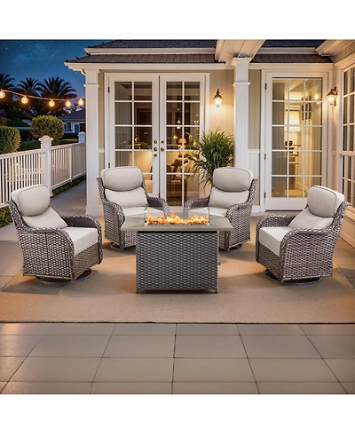 Gymojoy Crescent All-weather Pe Wicker Fire Pit Conversation Set with Olefin 6 In. Thick Cushions Patio Swivel Chairs (5-Piece