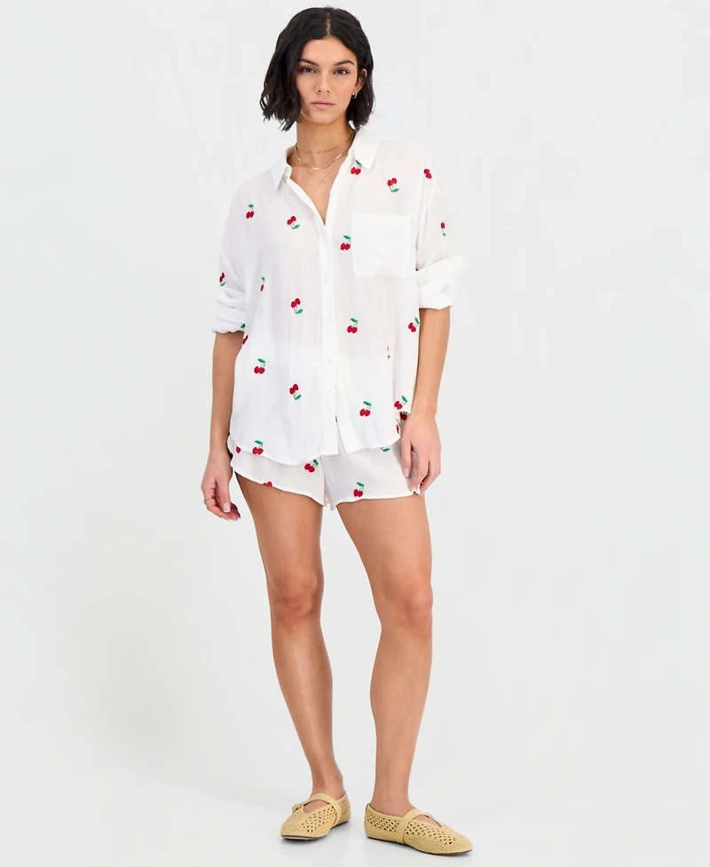 Miken Women's Cherry Embroidered Button-Down Swim Shirt