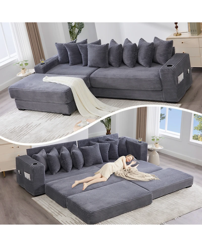 Streamdale Furniture Corduroy L-Shaped Sectional Sofa with Ottoman, Pillows & Cup Holders