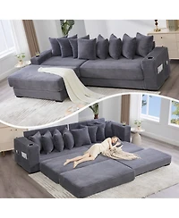 Streamdale Furniture Corduroy L-Shaped Sectional Sofa with Ottoman, Pillows & Cup Holders