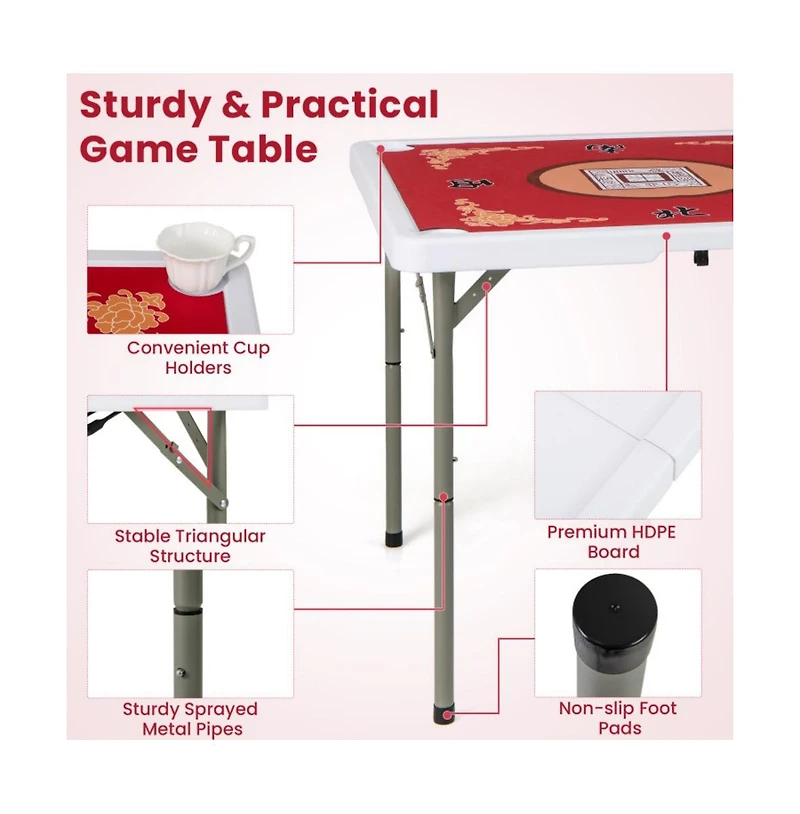 Hongge 35 Inch Folding Mahjong Table for 4 Players with Cup Holders