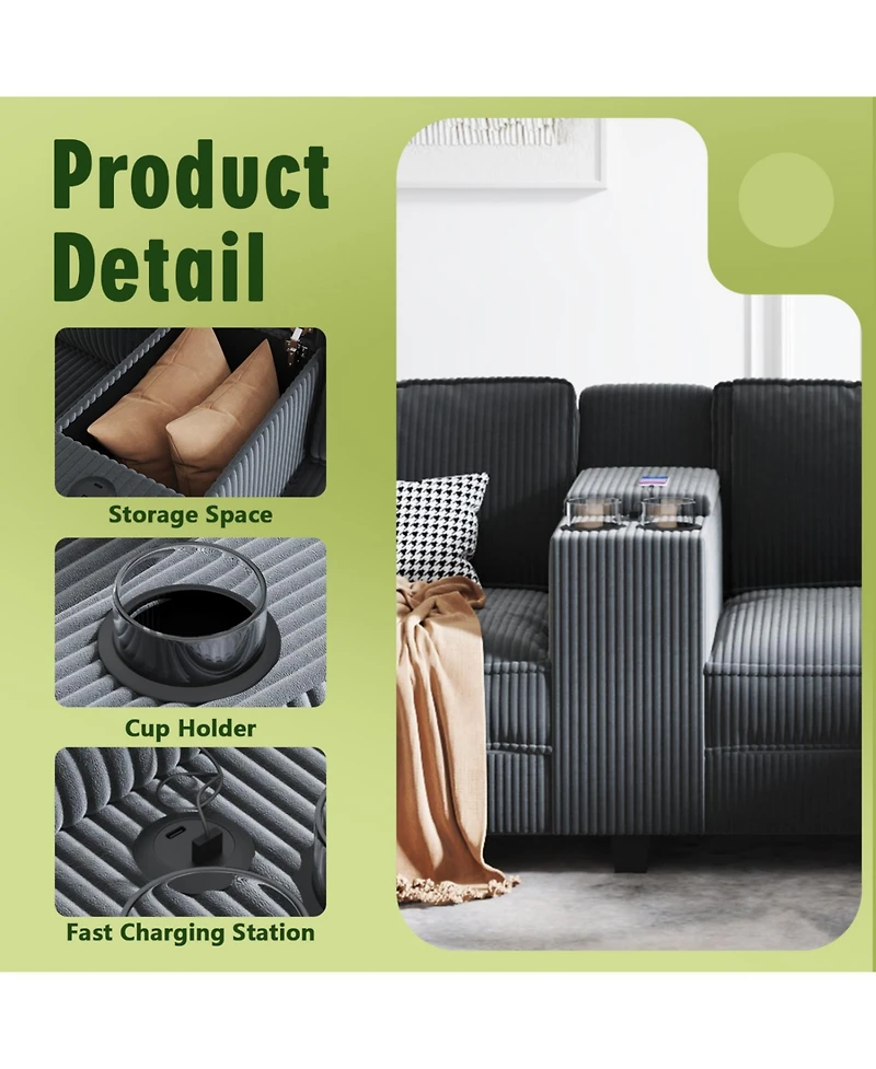 Streamdale Furniture L-Shaped Corduroy Sofa w/ Storage Usb & Console