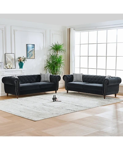 Streamdale Furniture Chesterfield Velvet Sofa Set, Roll Arm, Nailhead Trim, Modern Couch