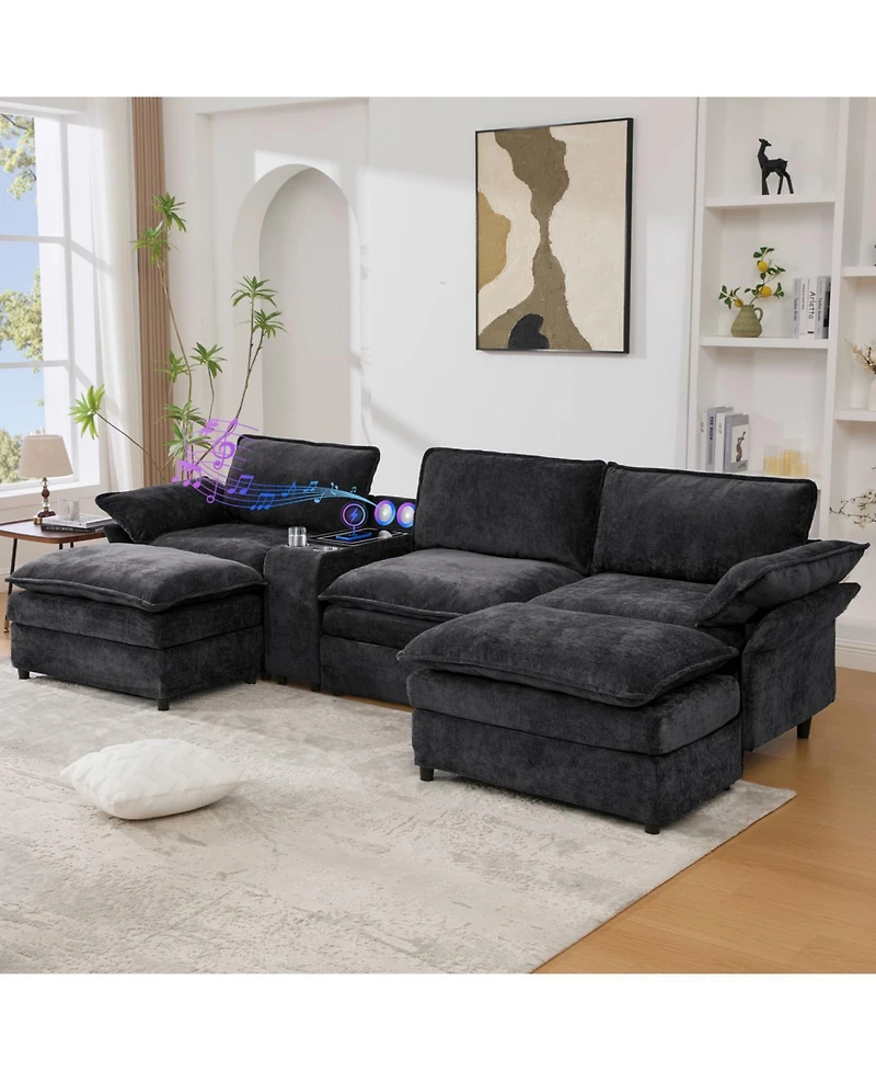 Streamdale Furniture Streamdale U-Shaped Sectional Sofa w/ Storage, Wireless Charging, Bluetooth & Footstools