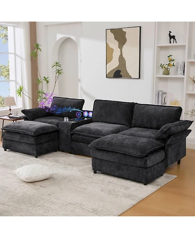 Streamdale Furniture Streamdale U-Shaped Sectional Sofa w/ Storage, Wireless Charging, Bluetooth & Footstools