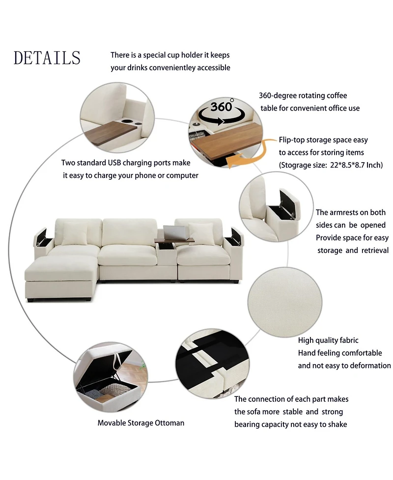 Streamdale Furniture Oversized L-Shaped Sectional Sofa with Drop Down Table & Storage Ottoman