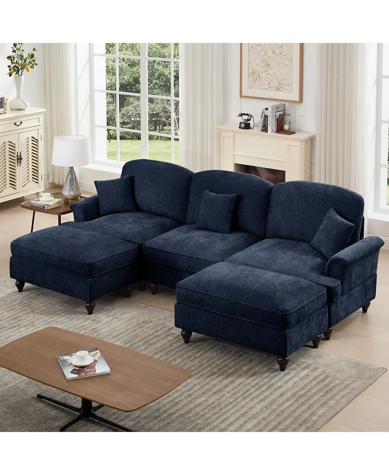 Streamdale Furniture Streamdale Comfy Modular U-Shape Chenille Sectional Sofa with Ottomans - Blue