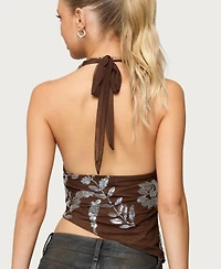 Edikted Women's Sequin Asymmetric Mesh Halter Top