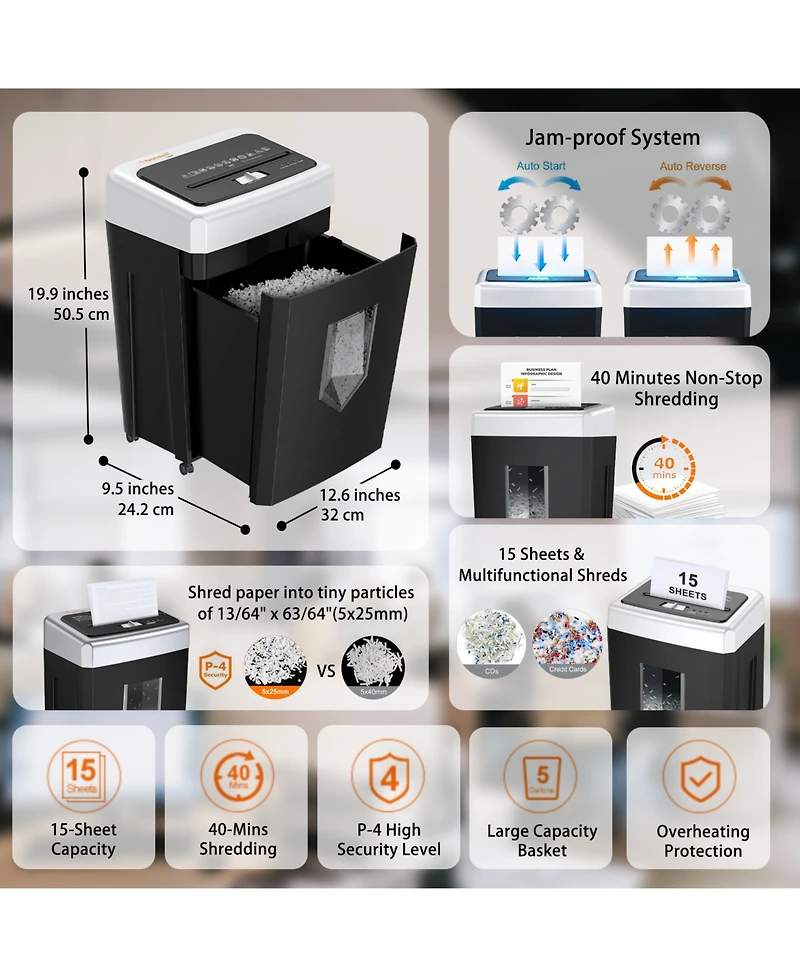 Bonsaii 15-Sheet Office Paper Shredder, 40-min run, Heavy-Duty, Crosscut, Anti-Jam, P-4 Security, Shreds Paper/Cd/Cards, 5 Gal Bin