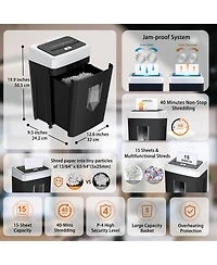 Bonsaii 15-Sheet Office Paper Shredder, 40-min run, Heavy-Duty, Crosscut, Anti-Jam, P-4 Security, Shreds Paper/Cd/Cards, 5 Gal Bin