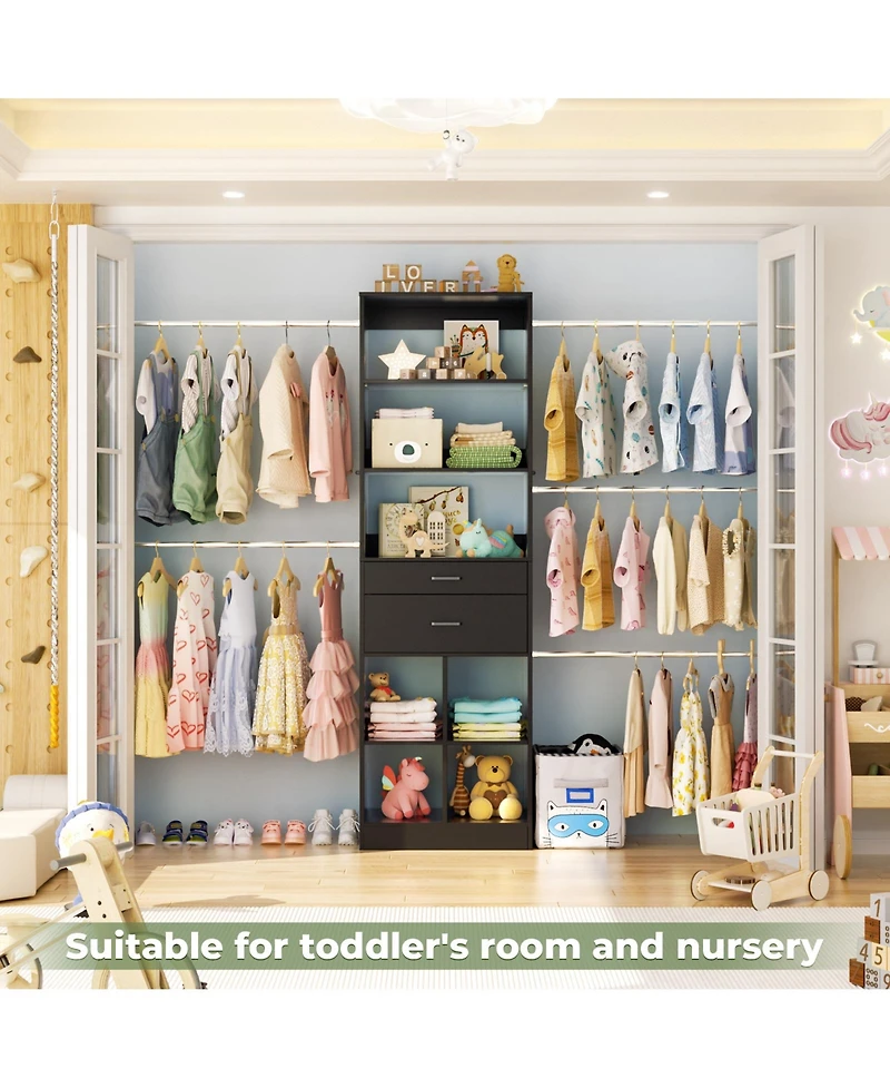 Aheaplus 4-8 Ft Walk-in Adjustable Closet Organizer System with 2 Drawers and 5 Rods