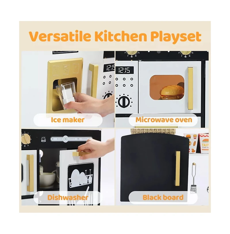 Kinder King Wooden Pretend Play Kids Kitchen, Toy Kitchen Playset w/Oven, Microwave for Boys Girls Age 3