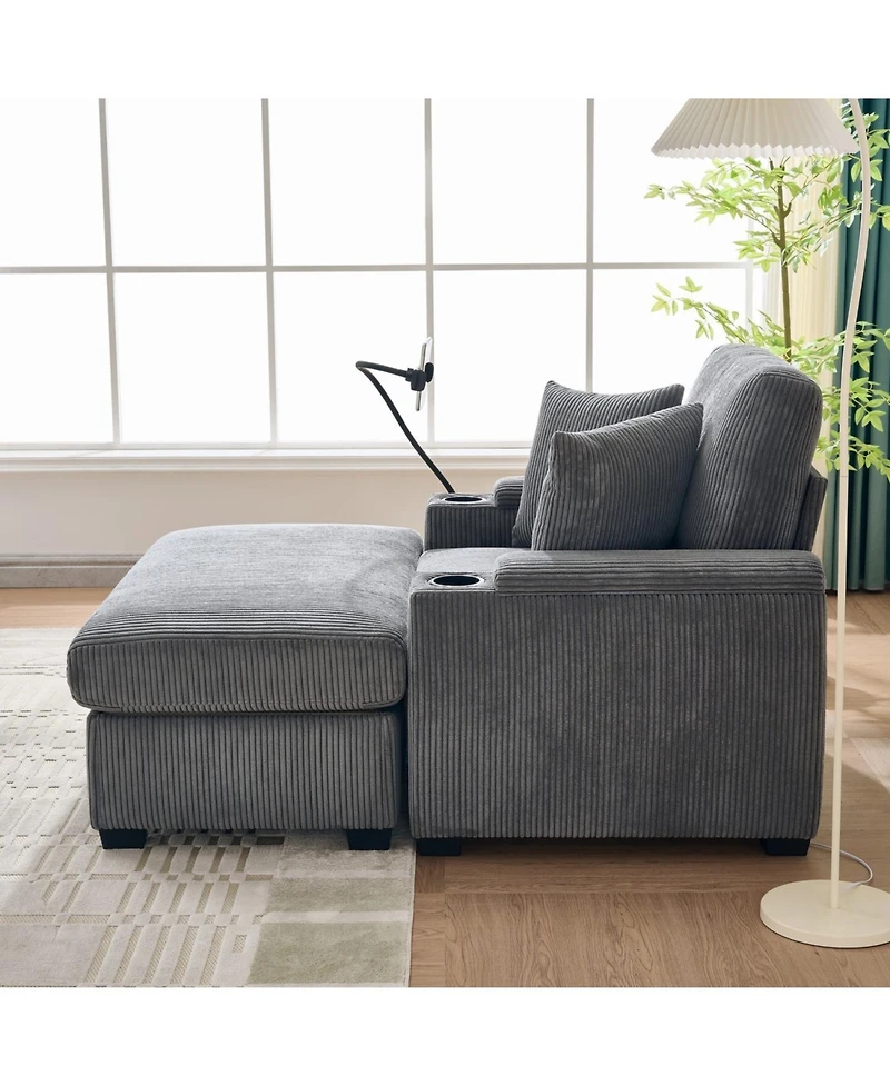 Streamdale Furniture55" Oversized Corduroy Chaise Lounge Chair with Ottoman, Storage & Usb - Grey