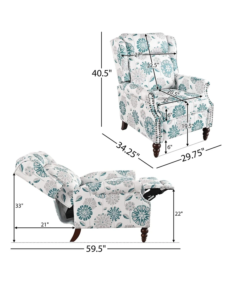 Streamdale Furniture Streamdale Push Back Recliner Chair, Wing Back, Gourd Legs, White & Blue