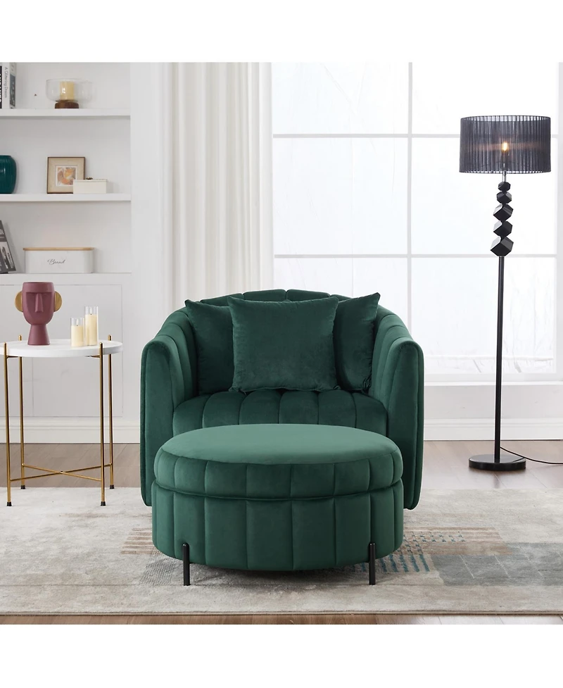 Streamdale Furniture Swivel Velvet Barrel Chair & Ottoman with Pillows - Green