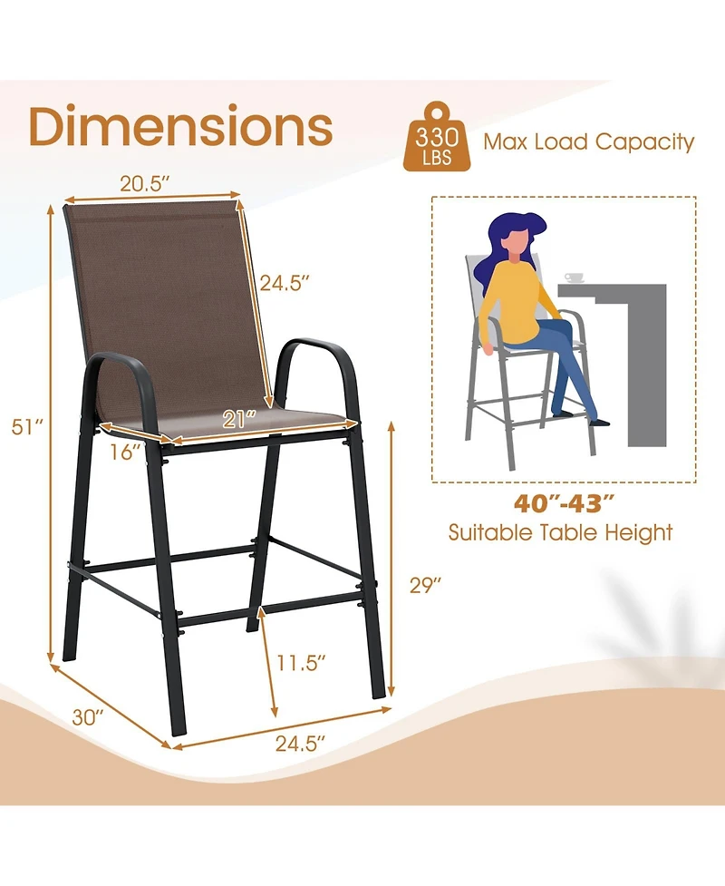 Gymax 4PCS Outdoor Bar Stools 29'' Fabric Height w/ Armrests & Footrest