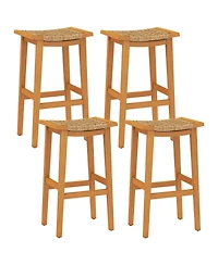 Gymax Outdoor Acacia Wood Bar Stools Set of 4 w/ Pe Rattan Seats & Backrests