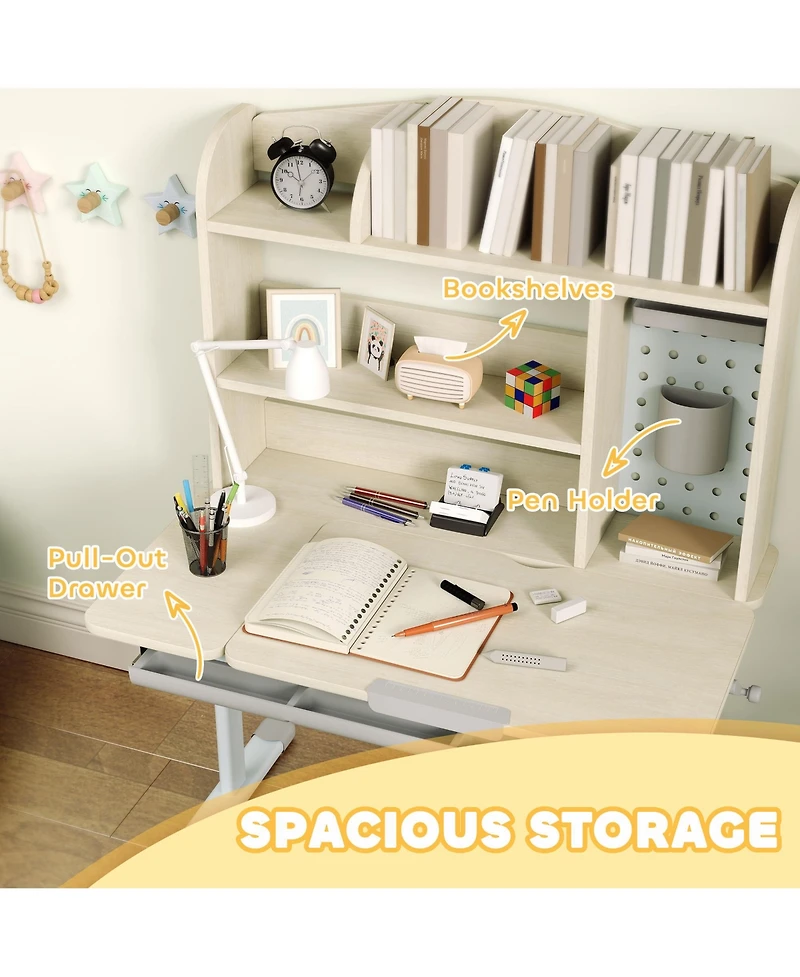 Qaba Kids Study Desk and Chair Set with Tiltable Desktop and Hutch,