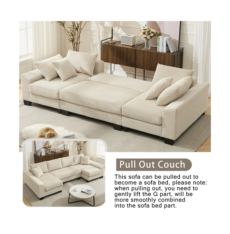 Maison Boucle 114" U-Shaped Corduroy Upholstery Pull-Out Sleeper Bed, Oversized Convertible Sectional, Chaise Lounges, Pillows & Cushions Sofa Be