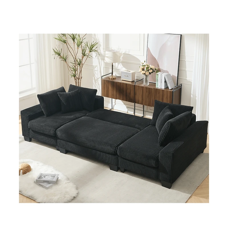 Maison Boucle 114" U-Shaped Corduroy Upholstery Pull-Out Sleeper Bed, Oversized Convertible Sectional, Chaise Lounges, Pillows & Cushions Sofa Bed