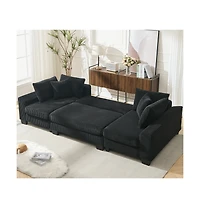 Maison Boucle 114" U-Shaped Corduroy Upholstery Pull-Out Sleeper Bed, Oversized Convertible Sectional, Chaise Lounges, Pillows & Cushions Sofa Bed
