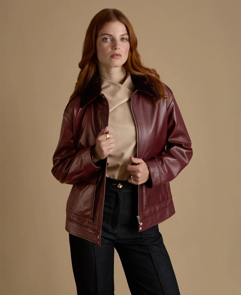 Furniq Uk Women's Leather Jacket with Detachable Shearling Collar