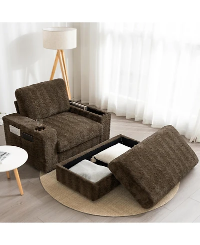 Streamdale Furniture 42" Oversized Faux Fur Chaise Lounge with Storage and Cup Holders