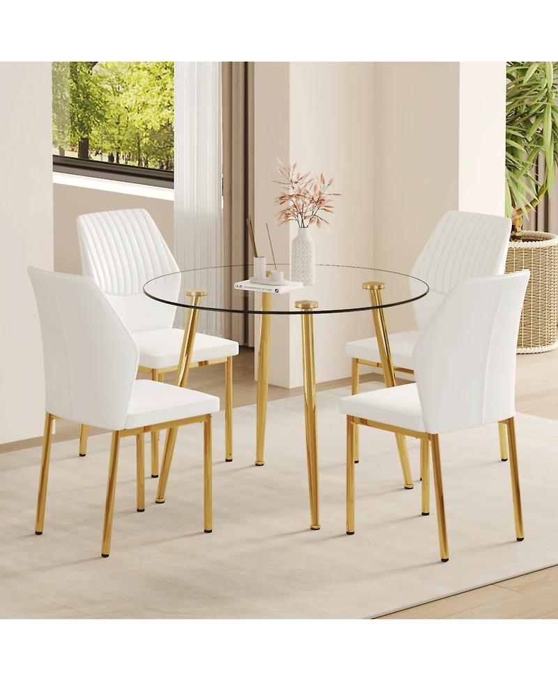 Streamdale Furniture Luxury Glass Dining Set - Gold Legs 4 White Pu Chairs