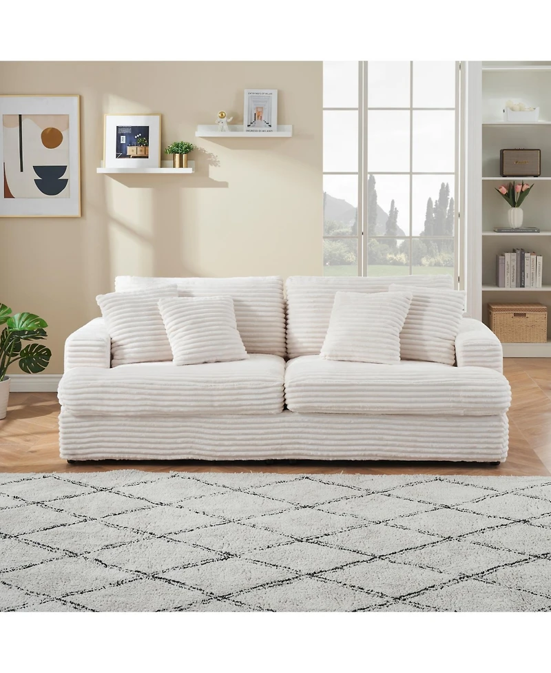 Streamdale Furniture Corduroy 3-Seater Sofa w/ 4 Pillows - White