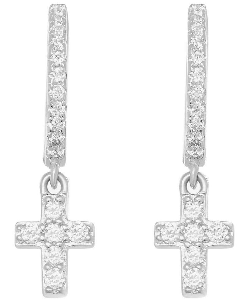 Macy's Cubic Zirconia Religious Cross Charm Dangle Huggie Hoop Earrings