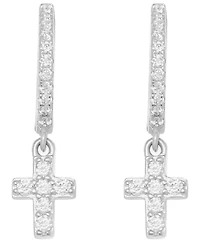 Macy's Cubic Zirconia Religious Cross Charm Dangle Huggie Hoop Earrings