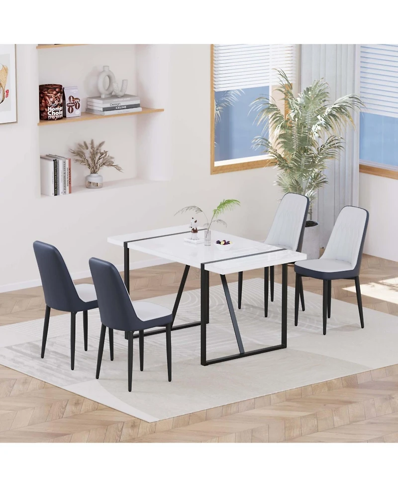 Streamdale Furniture 55" Modern Dining Table Set, Black Metal Legs, White Top, Pu Chairs