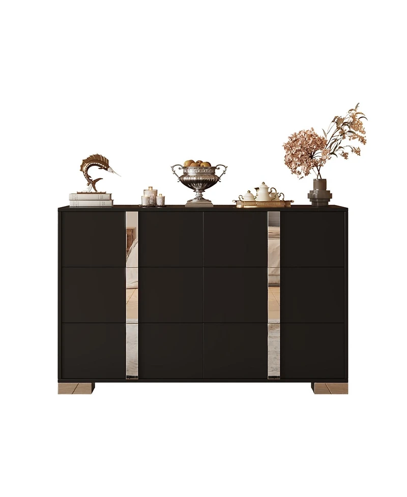 Streamdale Furniture Modern Black Dresser with Mirrored Storage & 6 Drawers