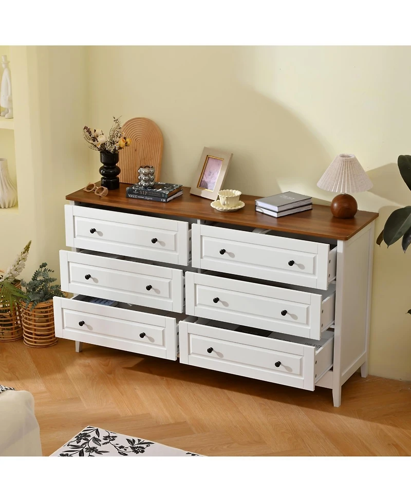 Streamdale Furniture White 6-Drawer Dresser with Wide Drawer & Metal Handles