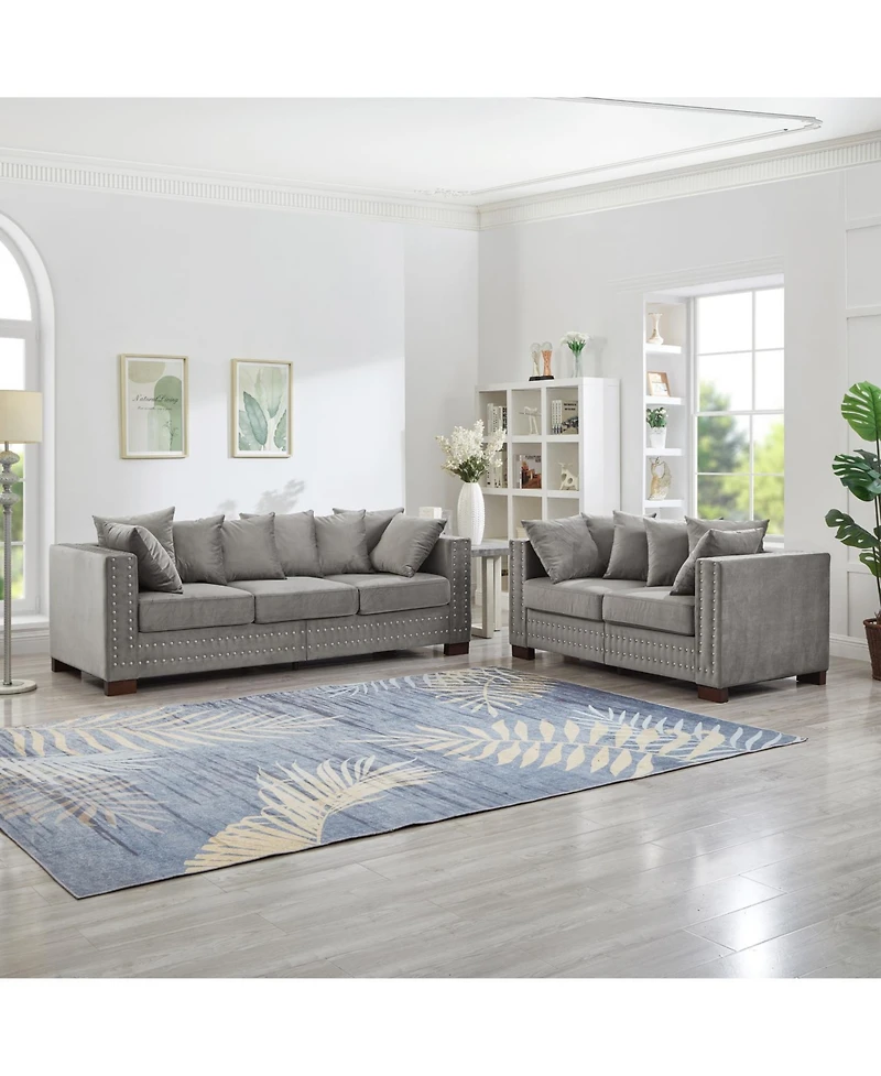 Streamdale Furniture Modern Grey Velvet Sofa 2+3 Seater Silver Nailhead Trim