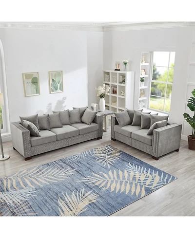 Streamdale Furniture Modern Grey Velvet Sofa 2+3 Seater Silver Nailhead Trim