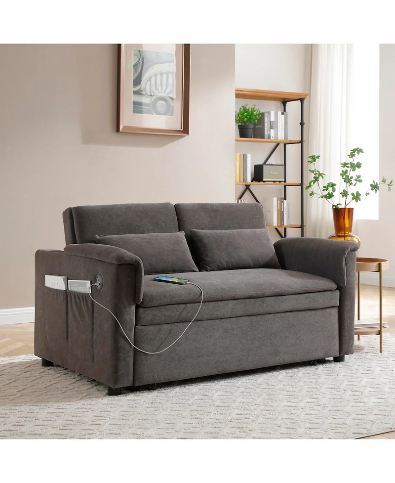 Streamdale Furniture 55" Velvet Pull Out Sofa Bed w/ Usb, Pockets, Pillows