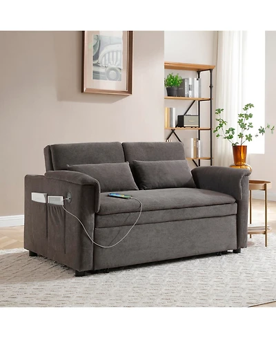 Streamdale Furniture 55" Velvet Pull Out Sofa Bed w/ Usb, Pockets, Pillows