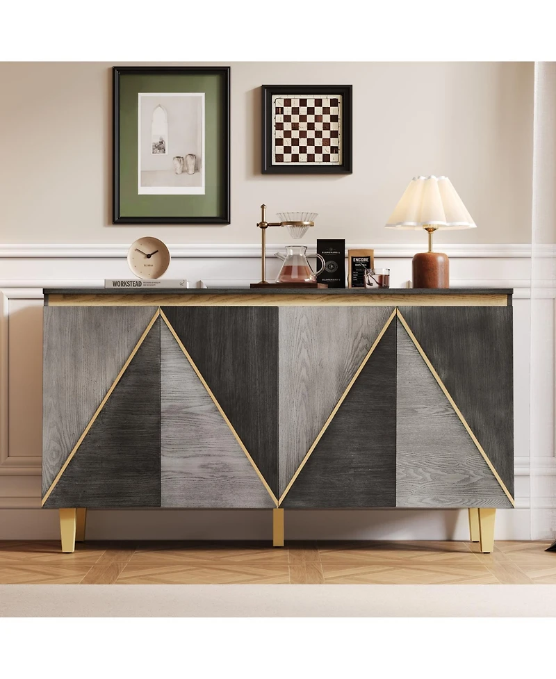 Streamdale Furniture 60" Retro Buffet Cabinet - 4-Door Sideboard with Adjustable Shelves (Gray)