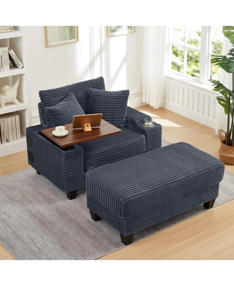 Streamdale Corduroy Sofa Bed with Ottoman, Bluetooth, Usb, Rotating Table