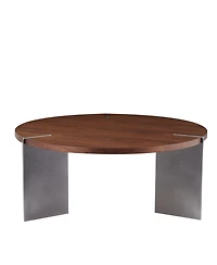 Streamdale Furniture Round Coffee Table Walnut Wood Surface and Black Metel Feet