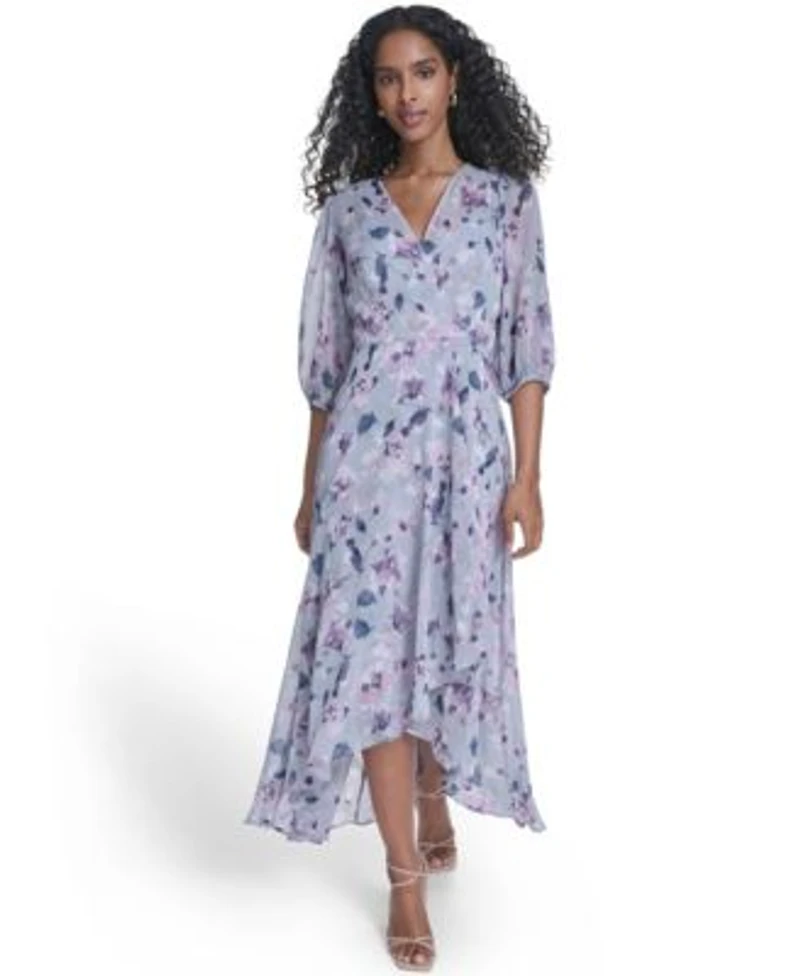 Calvin Klein Womens Faux Wrap Balloon Sleeve Dress