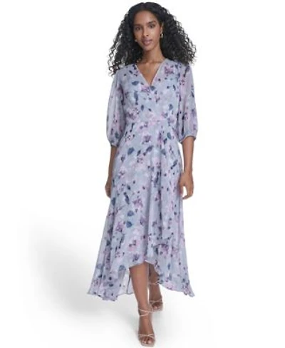 Calvin Klein Womens Faux Wrap Balloon Sleeve Dress