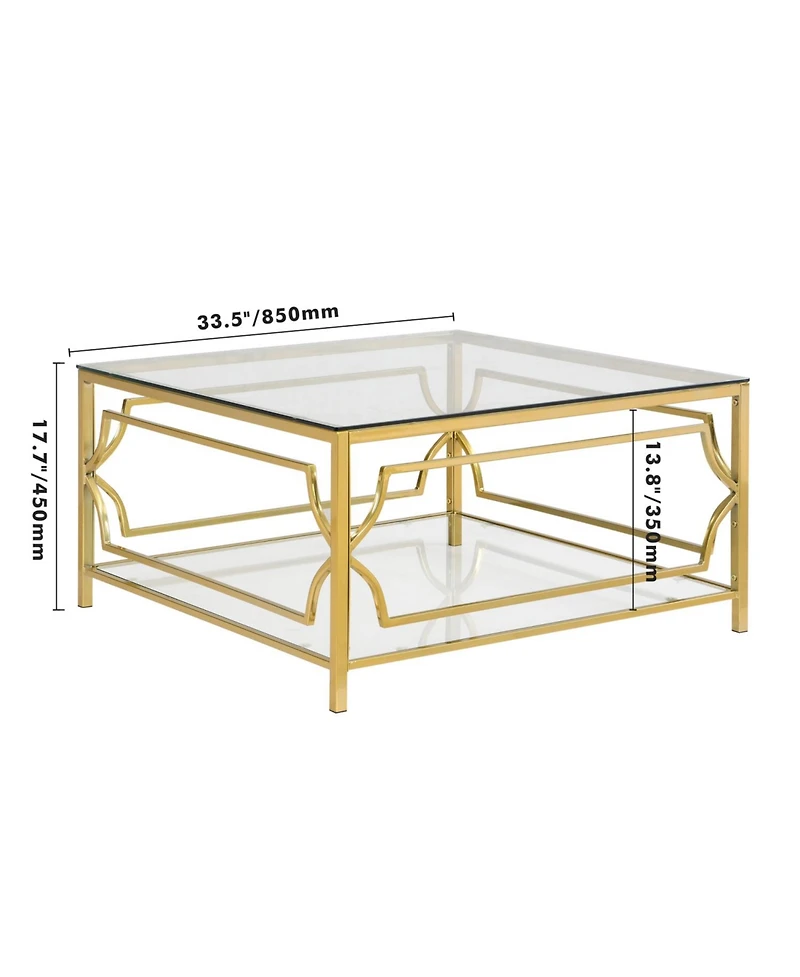 Streamdale Furniture Square Glass Coffee Table, Gold Geometric Frame, Lower Shelf
