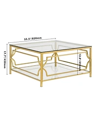 Streamdale Furniture Square Glass Coffee Table, Gold Geometric Frame, Lower Shelf