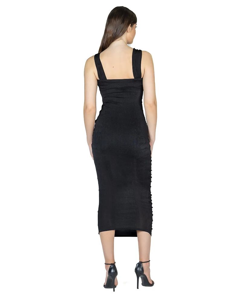 24seven Comfort Apparel Women's Halter Cross Neck Ruched Bodycon Midi Dress